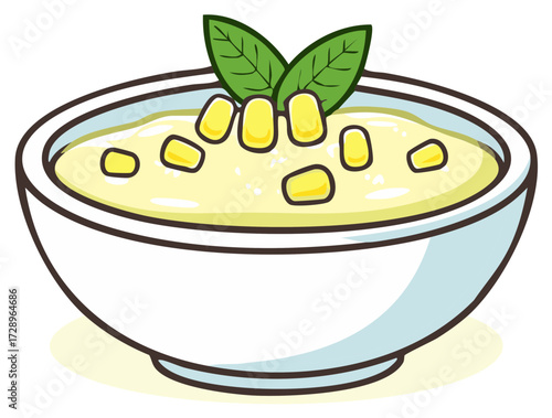 Appetizing sweet corn soup with green herb garnish in a white serving bowl illustration