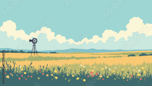 High prairie with spring wildflower bands and a solitary windmill silhouette against a big sky, no people