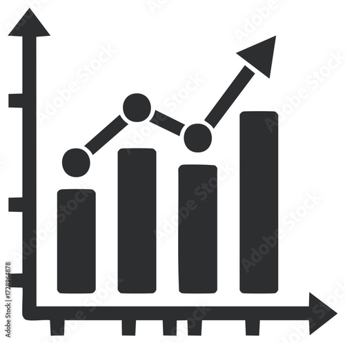 Rising bar and line graph icon with upward trending arrow illustrating growth and positive progress