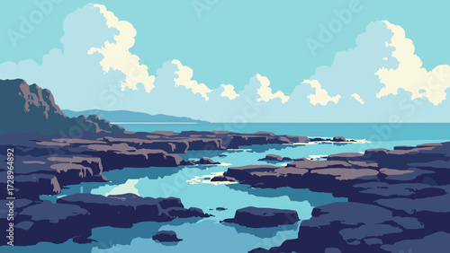Coastal basalt plateau pocked by hexagonal columns and tide-sculpted pools reflecting cloudscape, no people