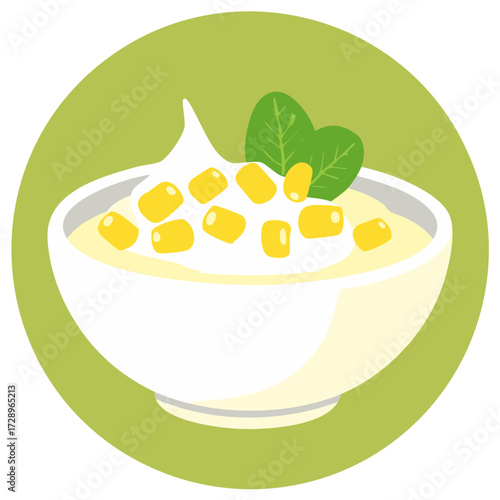 Creamy Corn Soup Dish with Green Spinach Garnish in a White Bowl