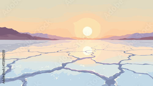 Expansive salt pan with cracked white crust and distant mirage mountains at golden hour, no people