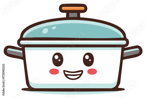 Adorable Cheerful Cooking Pot Illustration with Happy Smiling Face and Blue Lid