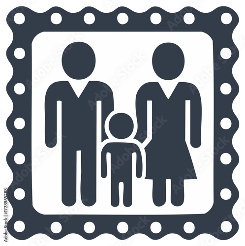 Family portrait icon of parents and a child posing together in a decorative stamp frame