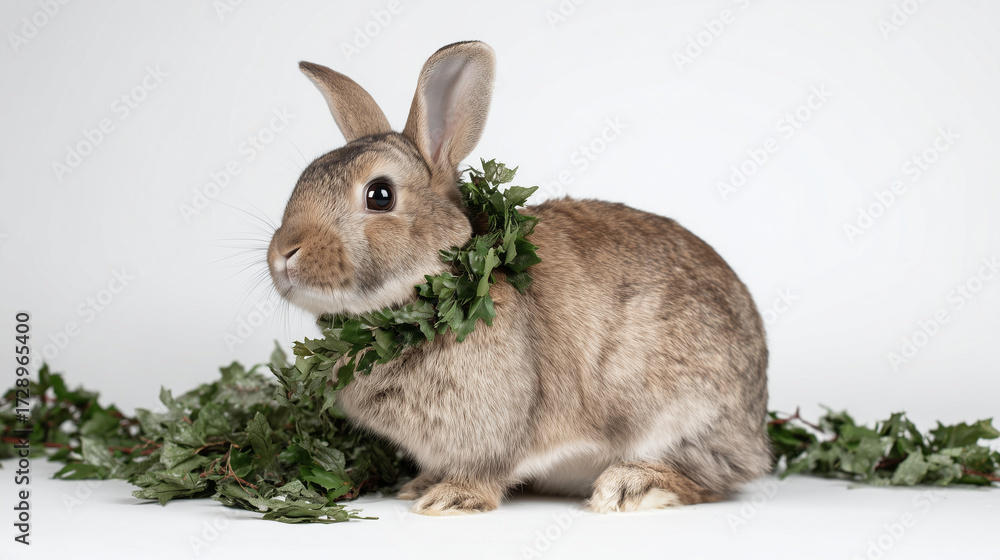Obraz premium Cute rabbit with small Christmas garland around neck, sitting on white background