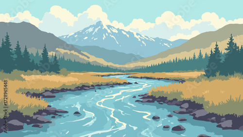 Braided river weaving wide pale gravel bars through a cottonwood floodplain, no people