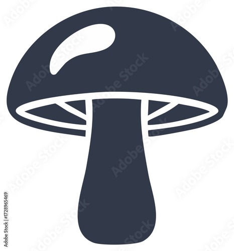 Dark blue mushroom illustration, simple stylized edible fungi silhouette.