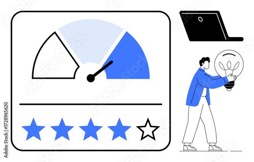 Gauge indicating performance level, 4 out of 5 stars for rating, person holding lightbulb symbolizing innovation. Ideal for feedback, evaluation, performance, quality, creativity, problem-solving