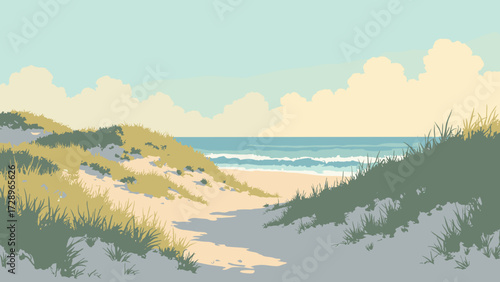 Coastal dune system with wind-sculpted crescent ridges and sparse dune grass, late afternoon light, no people