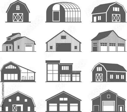 Barn house, warehouse, storage shed, farm building, garage, industrial structure, modern architecture, agricultural design, construction facility, cad drawing flat vector illustration