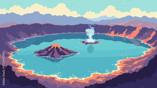 Volcanic caldera lake with steaming fumarole islets and mineral-streaked shorelines, no people