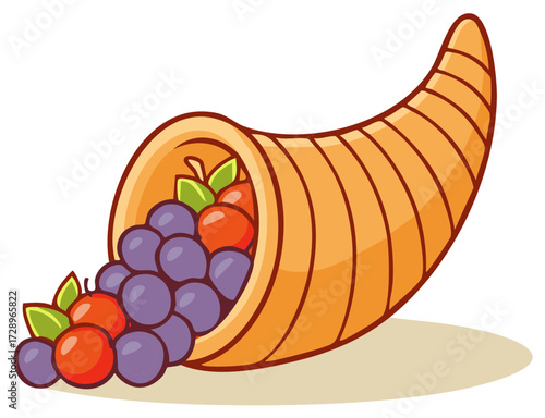 Abundant cornucopia brimming with grapes and apples for autumnal harvest celebration