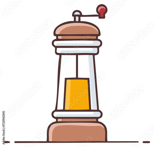 Stylized cartoon pepper mill with a manual crank and clear glass body containing spices