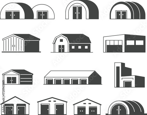 Warehouse, barn, garage, storage shed, industrial building, factory, farm structure, architecture design, construction facility, cad drawing flat vector illustration