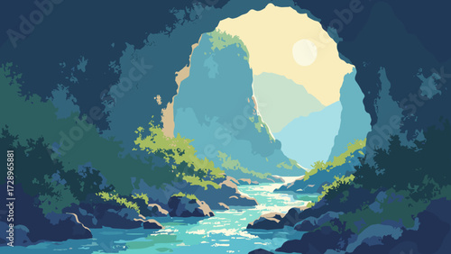 Limestone cave entrance opening to a sunlit subterranean river and mossy boulders, no people