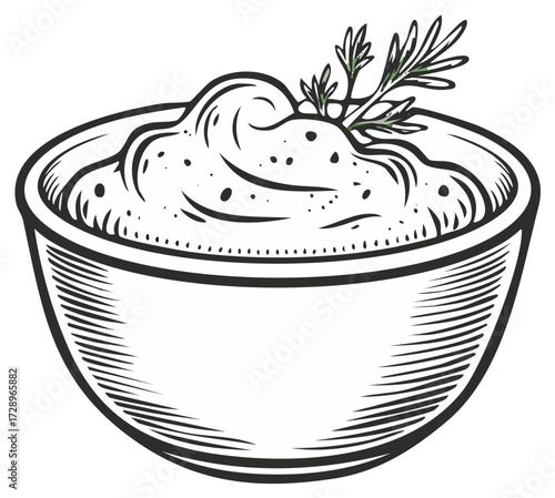 Sauce bowl with herbs in sketch style for food illustration and recipe design