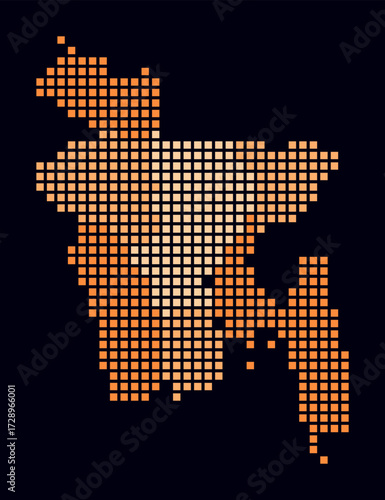 Bangladesh dotted map. Digital style map of the country on dark background. Bangladesh shape with square dots. Colored dots style. Large size squares. Beautiful vector illustration.