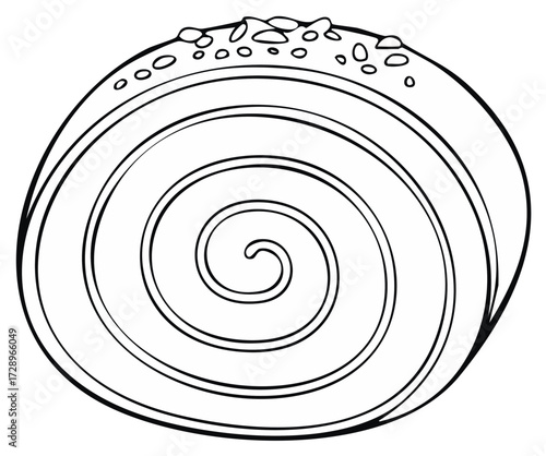 Hand-drawn pastry roll illustration with swirl pattern and topping detail, simple food coloring book lineart vector