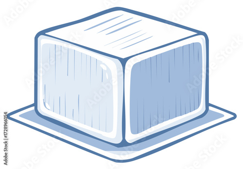A single melting blue ice cube illustration in a simple hand drawn cartoon style