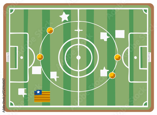 Soccer field strategy illustration overhead view with tactical player movements and flag