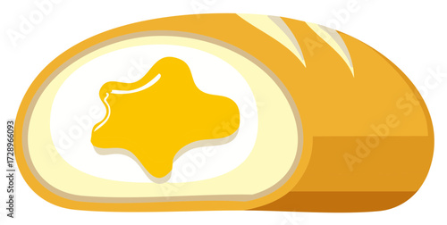 Golden baked bread roll illustration with creamy white filling and a yellow honey like center