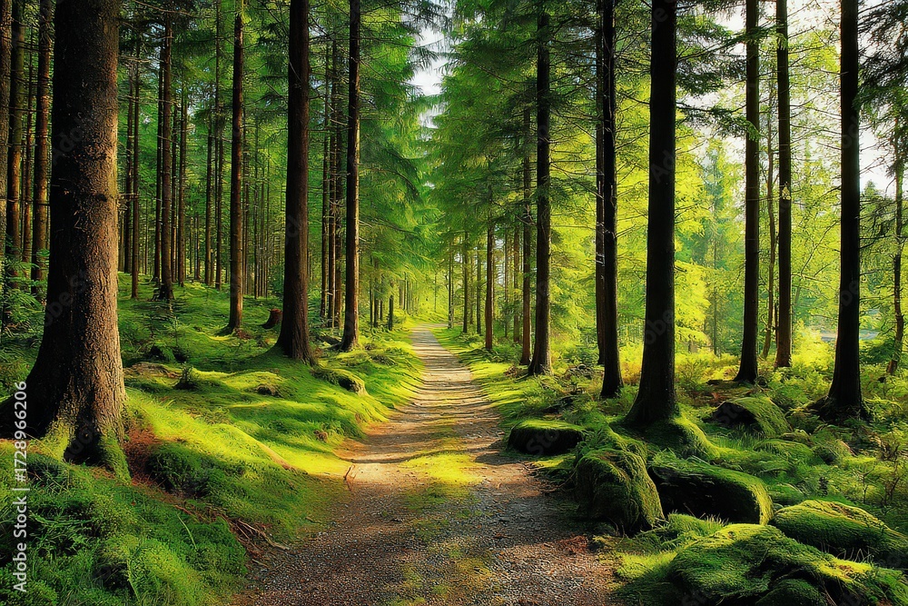 Obraz premium Sunlit Forest Path Through Lush Green Trees