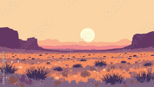 High desert playa dotted with ephemeral wildflower carpets and distant mesas, soft sunrise, no people