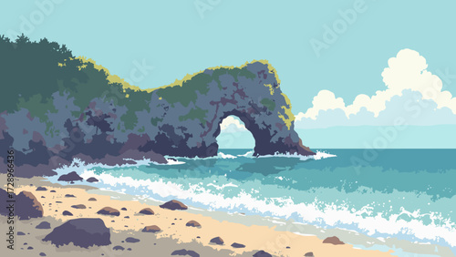 Coastal arch and sea stack pair with foamy surf tunnels and pebble beach foreground, no people