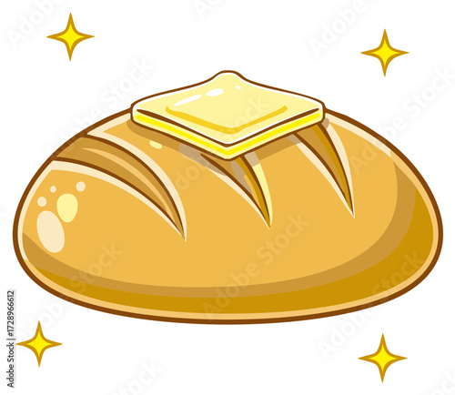 Cartoon Loaf with Butter and Glittering Stars: Fresh Baked Goods Illustration