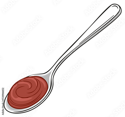Illustration of a metal spoon with swirls of reddish brown paste or sauce