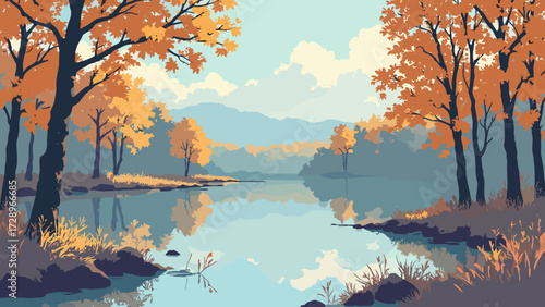 Oxbow lake bend framed by autumnal willow and alder reflections, still water surface, no people