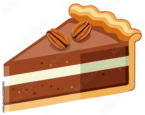Slice of rich chocolate pie with a creamy filling and pecans on top