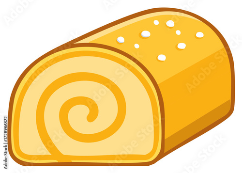 Delicious cartoon Swiss roll cake illustration with spiral pattern and white sprinkles