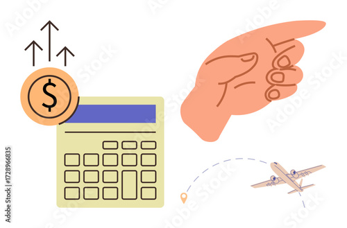 Calculator and dollar icon indicating financial growth, hand pointing forward, airplane tracing route. Ideal for finance, travel, budgeting, decision-making, planning investments direction. A