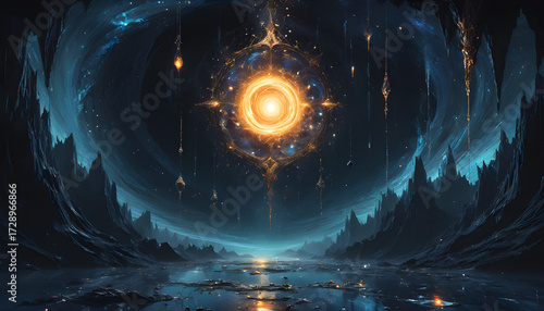 A cosmic scale hanging in the void—golden joy radiates as solar flares, indigo sorrow pools as black oceans, silver silence glows as frozen starlight. 
