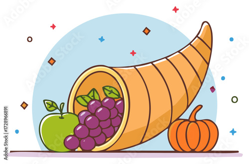 Cartoon cornucopia horn of plenty overflowing with fresh fruit for a Thanksgiving harvest celebration