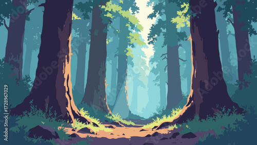 Ancient redwood canyon with cathedral trunks, filtered light shafts and needle-strewn floor, no people