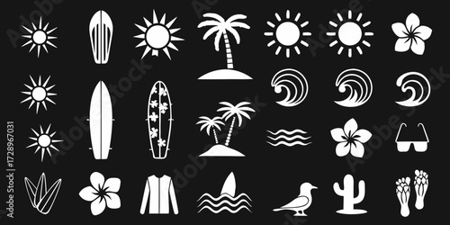 Collection of white summer vacation and beach icons on a black background