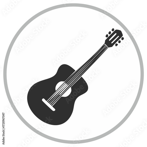Acoustic Guitar in Dark Gray Silhouette Inside Gray Circle on Plain White Background