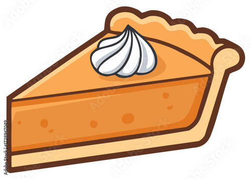 Appetizing pumpkin pie slice with whipped cream topping, festive bakery food illustration