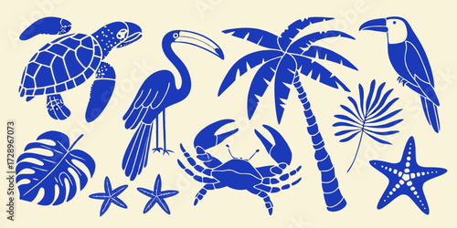 Collection of blue tropical animals and plants on a cream background