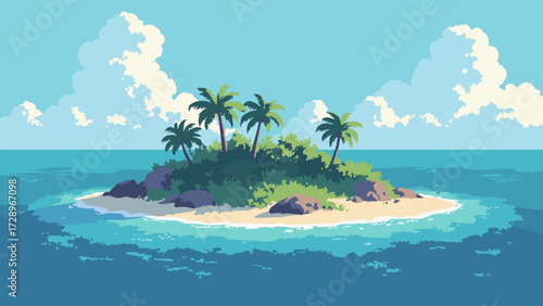 Archipelago of tiny crescent islets with coconut palms and glassy channels between rocks, no people