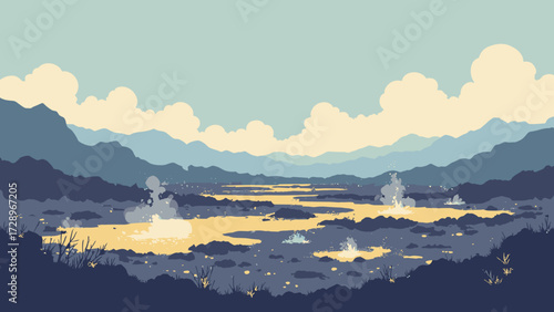 Steam-slicked sulfur plain dotted with bubbling mud pots and yellow crusts, under a steel-gray sky, no people