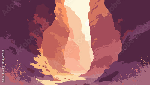 Sandstone slot canyon with ribbed walls and a thin beam of sunlight illuminating dust motes, no people
