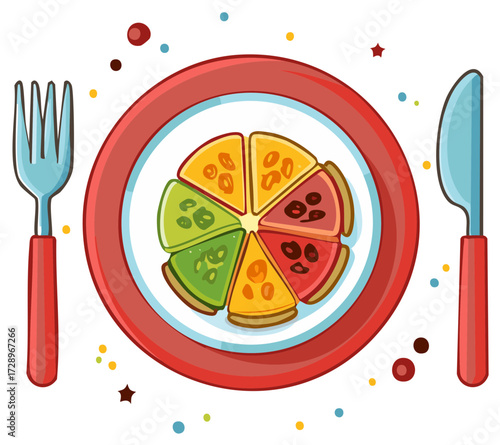 Colorful pizza slices on a plate with fork and knife, fun food illustration.