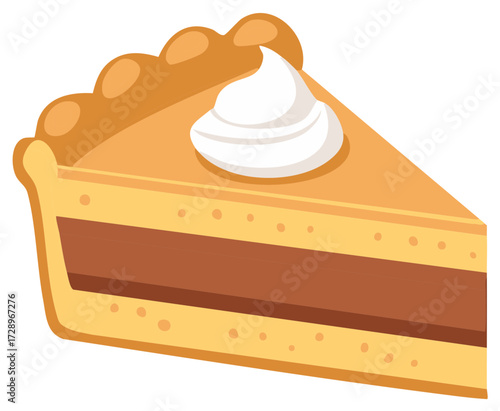 Delicious slice of pumpkin pie with creamy whipped topping for holiday festive celebrations