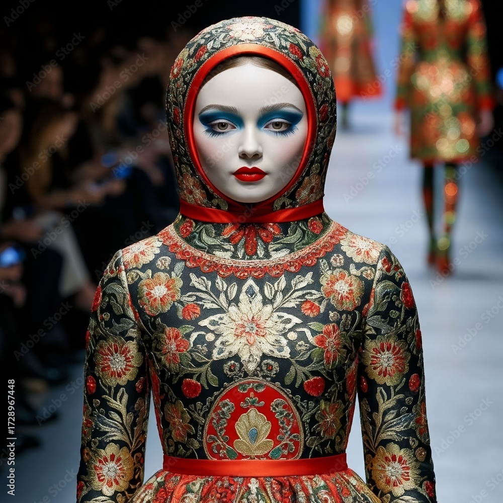 Fototapeta premium Model wearing traditional floral dress and headscarf on runway