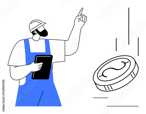 Worker in a helmet and overalls gestures upward holding a tablet, with a large coin falling. Ideal for themes thumbs up construction, finance, investment, planning, engineering, labor, simple flat