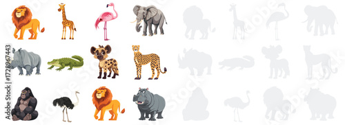 African wildlife animals set vector illustration collection of lion, giraffe, elephant, cheetah, rhino, hippo, crocodile, gorilla, ostrich, flamingo and hyena isolated on white background