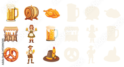 Oktoberfest set vector illustration collection of beer mugs, barrel, pretzel, roasted chicken, traditional costumes and festival symbols isolated on white background